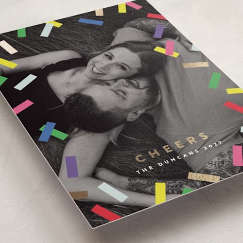 This is a candy foil pressed holiday cards with foil pressed by Maria Alou called confetti countdown printing on recycled smooth signature in standard