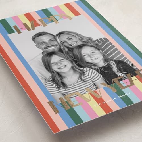 This is a candy foil pressed holiday cards with foil pressed by Kelly Watkins called happy stripe printing on recycled smooth signature in standard