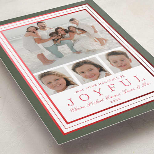 This is a fir foil pressed holiday cards with foil pressed by Alston Foster called favorite joys printing on recycled smooth signature in standard
