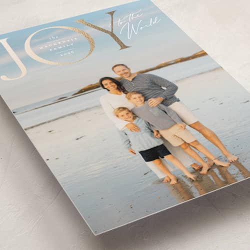 This is a mist foil pressed holiday cards with foil pressed by Wildfield Paper Co called joy to all the world printing on recycled smooth signature in standard