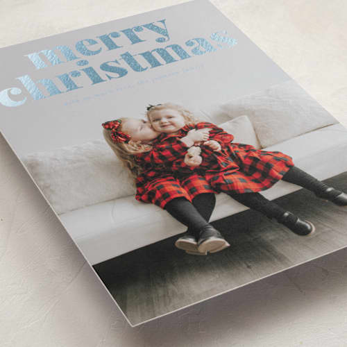 This is a wintermint foil pressed holiday cards with foil pressed by Carolinne Cruz called merry & matching printing on recycled smooth signature in standard