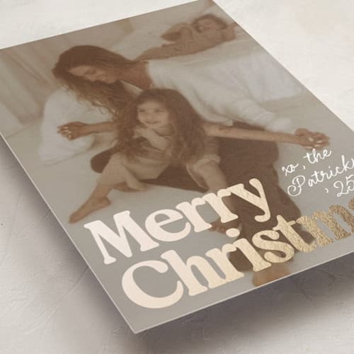 This is a snowfall foil pressed holiday cards with foil pressed by Everett Paper Goods called vintage classic printing on recycled smooth signature in standard