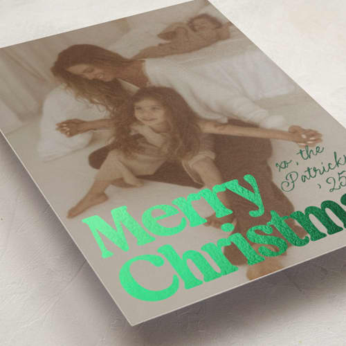 This is a evergreen foil pressed holiday cards with foil pressed by Everett Paper Goods called vintage classic printing on recycled smooth signature in standard