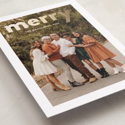 This is a snow foil pressed holiday cards with foil pressed by Shari Margolin called bold merry printing on recycled smooth signature in standard