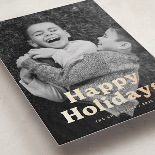 This is a eggnog foil pressed holiday cards with foil pressed by Katherine Moynagh called bold modern printing on recycled smooth signature in standard