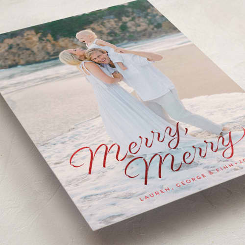 This is a ruby foil pressed holiday cards with foil pressed by Alston Foster called merry, merry! printing on recycled smooth signature in standard