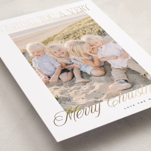 This is a snow foil pressed holiday cards with foil pressed by Benita Crandall called bright & merry printing on recycled smooth signature in standard