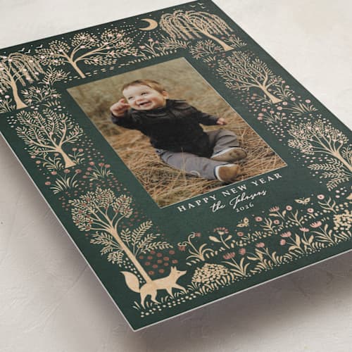 This is a forest foil pressed holiday cards with foil pressed by Sabrin Deirani called forest under the moonlight printing on recycled smooth signature in standard