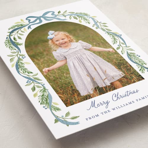 This is a moonlight foil pressed holiday cards with foil pressed by Sarah Knight called ribbon arch printing on recycled smooth signature in standard