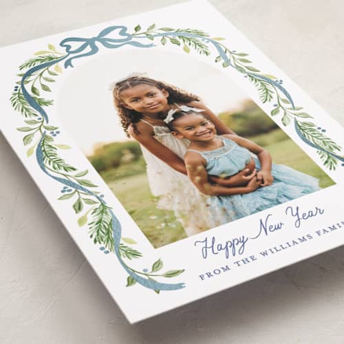 This is a moonlight foil pressed holiday cards with foil pressed by Sarah Knight called ribbon arch printing on recycled smooth signature in standard