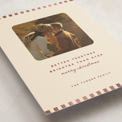 This is a merlot foil pressed holiday cards with foil pressed by Kindred Fields called brighter than ever printing on recycled smooth signature in standard