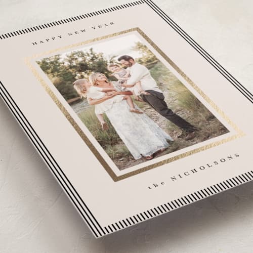 This is a linen foil pressed holiday cards with foil pressed by Kelly Schmidt called striped border printing on recycled smooth signature in standard