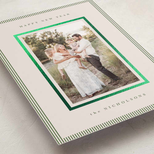 This is a cedar foil pressed holiday cards with foil pressed by Kelly Schmidt called striped border printing on recycled smooth signature in standard