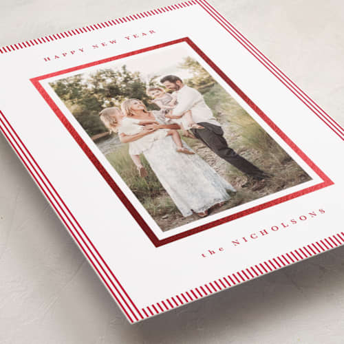 This is a berry foil pressed holiday cards with foil pressed by Kelly Schmidt called striped border printing on recycled smooth signature in standard
