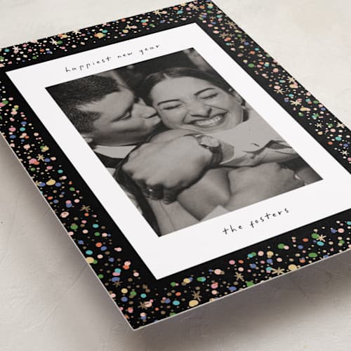 This is a popped foil pressed holiday cards with foil pressed by Pixel and Hank called confetti and sparkle printing on recycled smooth signature in standard