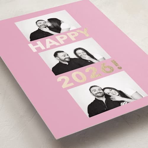 This is a candy foil pressed holiday cards with foil pressed by Angela Thompson called happy year trio printing on recycled smooth signature in standard