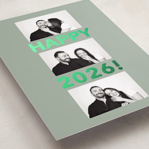 This is a sage foil pressed holiday cards with foil pressed by Angela Thompson called happy year trio printing on recycled smooth signature in standard