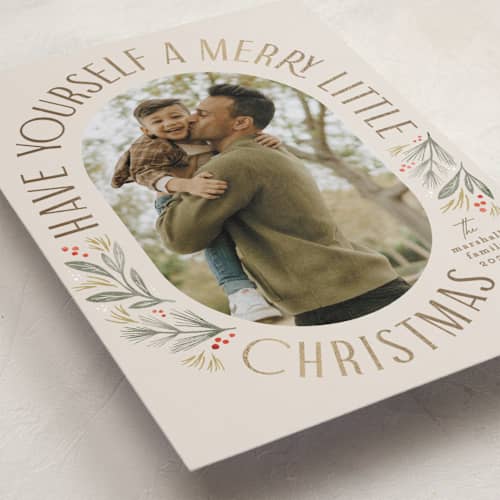 This is a linen foil pressed holiday cards with foil pressed by Karidy Walker called merry little christmas time printing on recycled smooth signature in standard