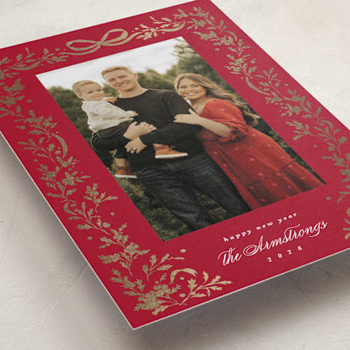 This is a candied apple foil pressed holiday cards with foil pressed by Kate Ahn called glittering garland printing on recycled smooth signature in standard