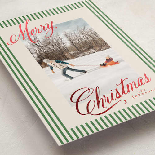 This is a forest foil pressed holiday cards with foil pressed by Karidy Walker called script and stripes printing on recycled smooth signature in standard
