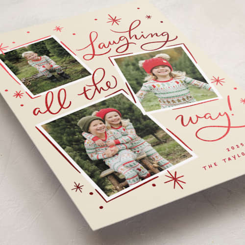 This is a reindeer nose foil pressed holiday cards with foil pressed by Erin German called laughing all the way printing on recycled smooth signature in standard