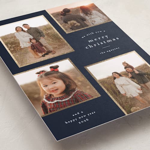 This is a navy foil pressed holiday cards with foil pressed by Stacey Meacham called simply framed printing on recycled smooth signature in standard