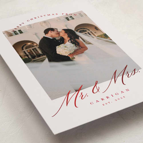 This is a tinsel foil pressed holiday cards with foil pressed by Pink House Press called mr. and mrs. printing on recycled smooth signature in standard
