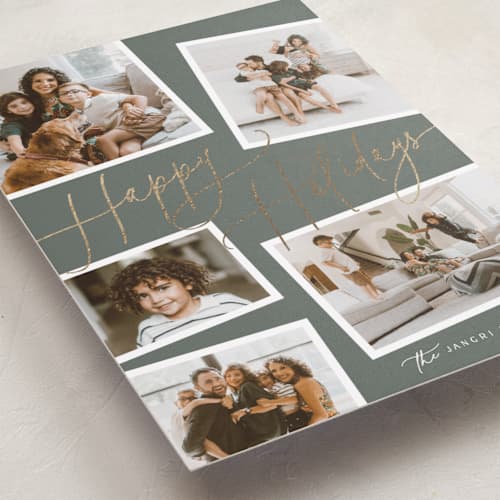 This is a sage foil pressed holiday cards with foil pressed by Melanie Severin called collage scatter printing on recycled smooth signature in standard
