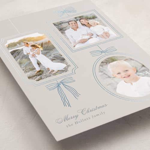 This is a champagne foil pressed holiday cards with foil pressed by Baumbirdy called bows printing on recycled smooth signature in standard