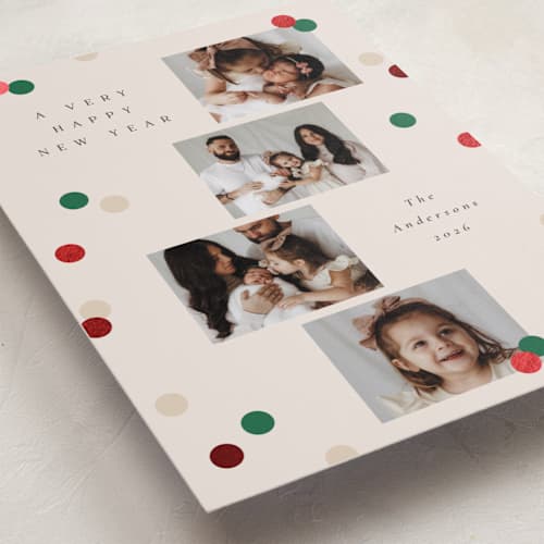 This is a ivory foil pressed holiday cards with foil pressed by Katie Zimpel called vintage confetti printing on recycled smooth signature in standard