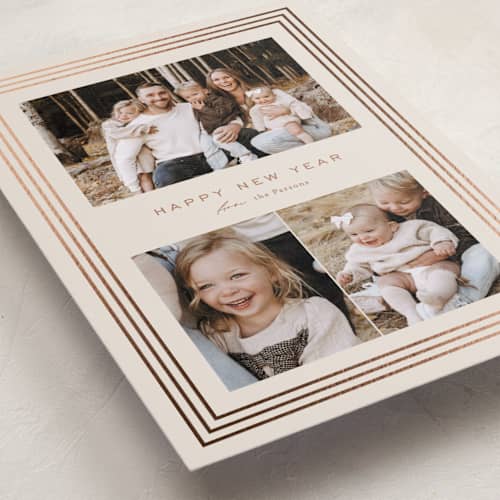 This is a caramel foil pressed holiday cards with foil pressed by Kate Ahn called peppermint stripe printing on recycled smooth signature in standard