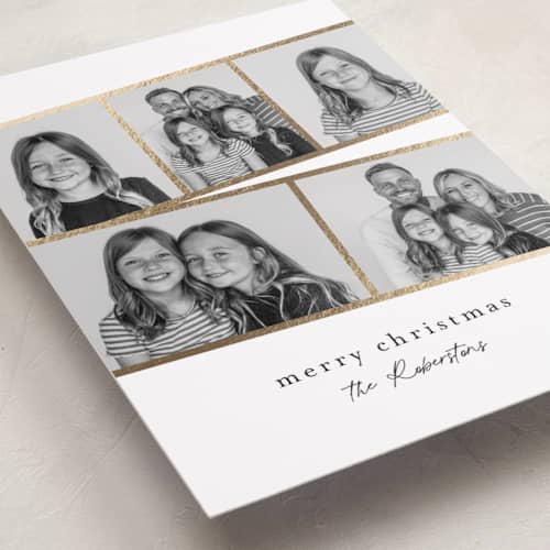 This is a snowflake foil pressed holiday cards with foil pressed by Jessica Williams called fancy film printing on recycled smooth signature in standard