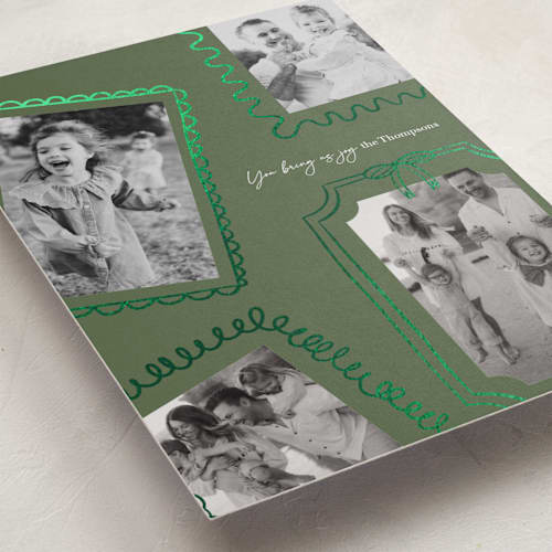 This is a juniper foil pressed holiday cards with foil pressed by Joyce Pinheiro called memories framed printing on recycled smooth signature in standard