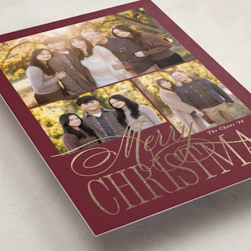 This is a mulberry foil pressed holiday cards with foil pressed by Brianne Larsen called elegant three printing on recycled smooth signature in standard