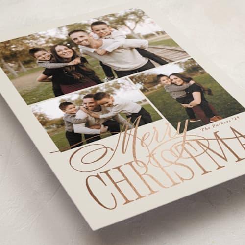 This is a sourdough foil pressed holiday cards with foil pressed by Brianne Larsen called elegant three printing on recycled smooth signature in standard