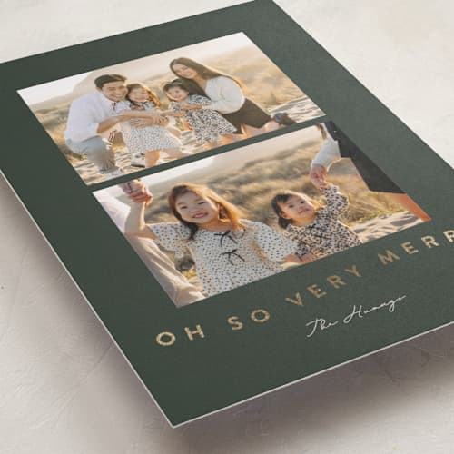 This is a forest foil pressed holiday cards with foil pressed by Kristen Knechtel called so merry waved printing on recycled smooth signature in standard