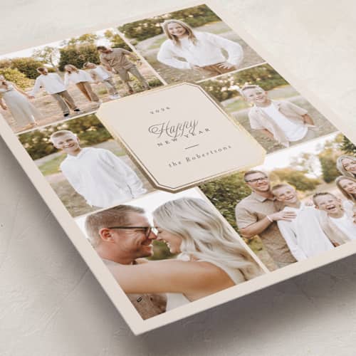 This is a eggnog foil pressed holiday cards with foil pressed by Emily Betts called six fancy printing on recycled smooth signature in standard