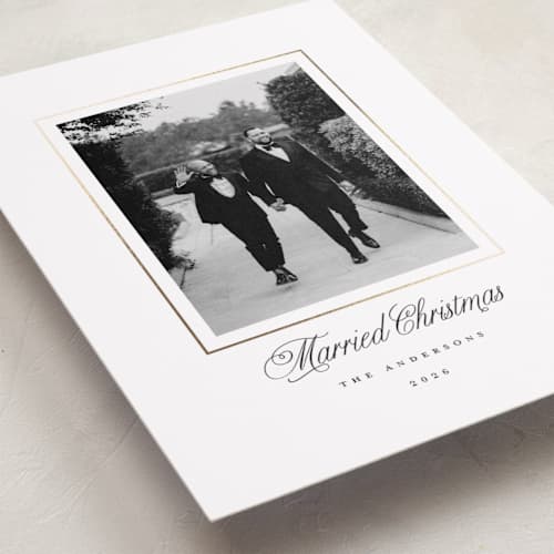 This is a snow foil pressed holiday cards with foil pressed by Brandy Folse called classic gold frame printing on recycled smooth signature in standard