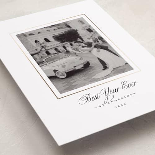 This is a snow foil pressed holiday cards with foil pressed by Brandy Folse called classic gold frame printing on recycled smooth signature in standard