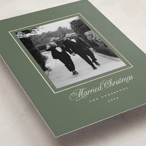 This is a wreath foil pressed holiday cards with foil pressed by Brandy Folse called classic gold frame printing on recycled smooth signature in standard