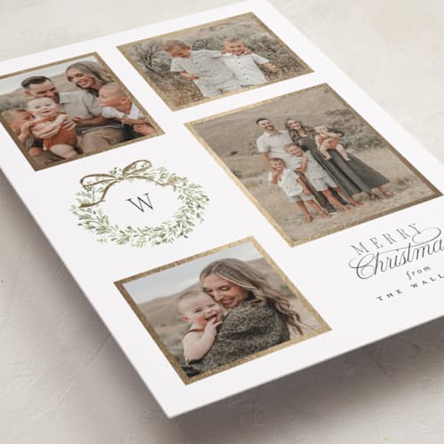 This is a marshmallow foil pressed holiday cards with foil pressed by Everett Paper Goods called wreath multi printing on recycled smooth signature in standard