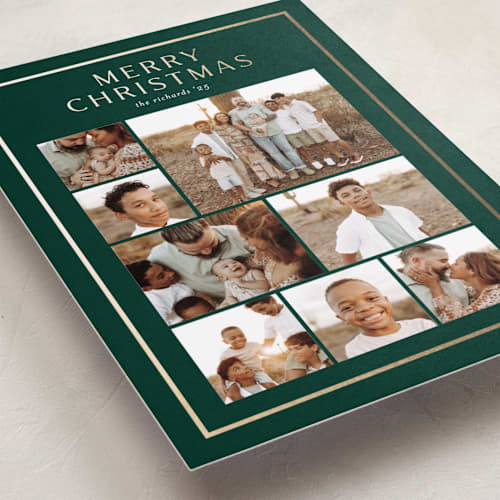 This is a pine foil pressed holiday cards with foil pressed by Stacey Meacham called christmas collage printing on recycled smooth signature in standard