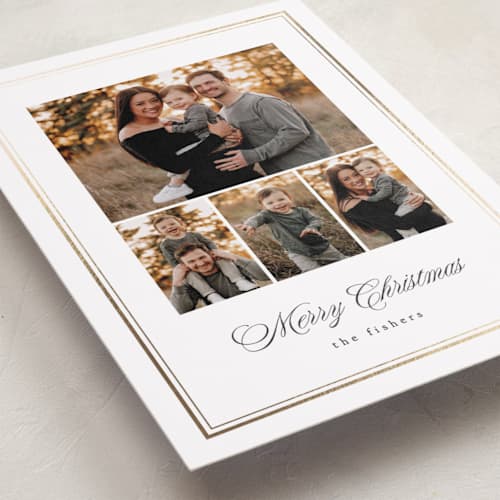 This is a snow foil pressed holiday cards with foil pressed by Erin L. Wilson called hampton house printing on recycled smooth signature in standard