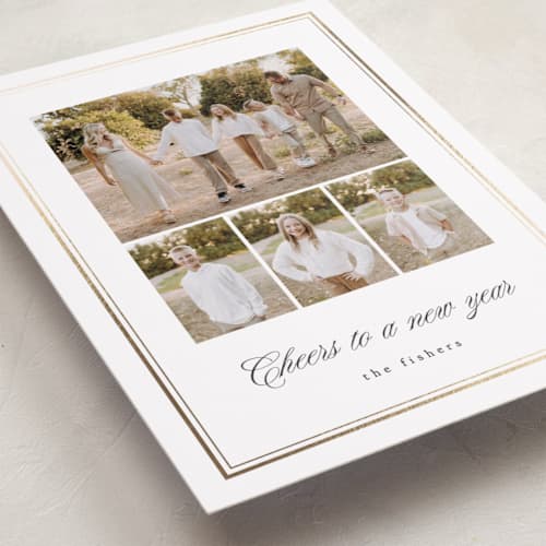 This is a snow foil pressed holiday cards with foil pressed by Erin L. Wilson called hampton house printing on recycled smooth signature in standard