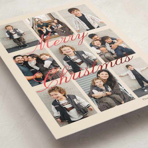 This is a champagne foil pressed holiday cards with foil pressed by Baumbirdy called season snapshot printing on recycled smooth signature in standard