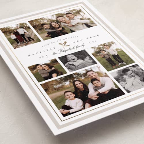 This is a fog foil pressed holiday cards with foil pressed by Everett Paper Goods called formal holly printing on recycled smooth signature in standard