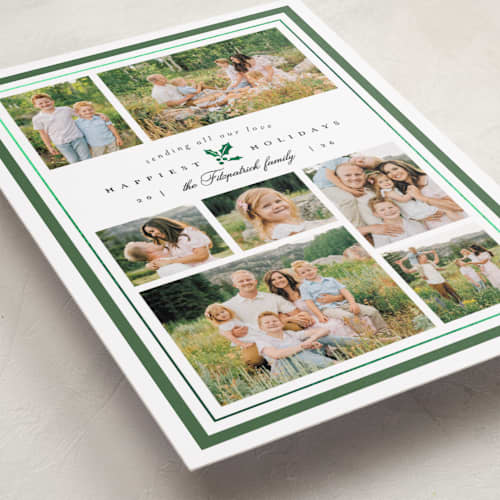 This is a spruce foil pressed holiday cards with foil pressed by Everett Paper Goods called formal holly printing on recycled smooth signature in standard