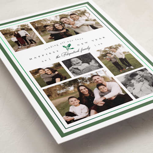 This is a spruce foil pressed holiday cards with foil pressed by Everett Paper Goods called formal holly printing on recycled smooth signature in standard