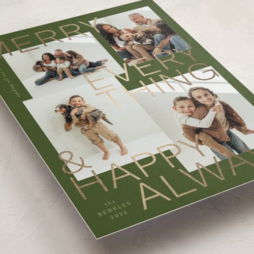 This is a olive foil pressed holiday cards with foil pressed by Inkblot Design called merry everything printing on recycled smooth signature in standard