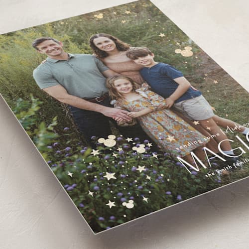 This is a mickey gloves foil pressed holiday cards with foil pressed by Danie Romrell called disney's mickey holiday magic printing on recycled smooth signature in standard
